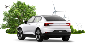 White electric car surrounded by trees and wind turbines, representing sustainable transport, renewable energy and the environmental benefits of driving an electric vehicle (EV)